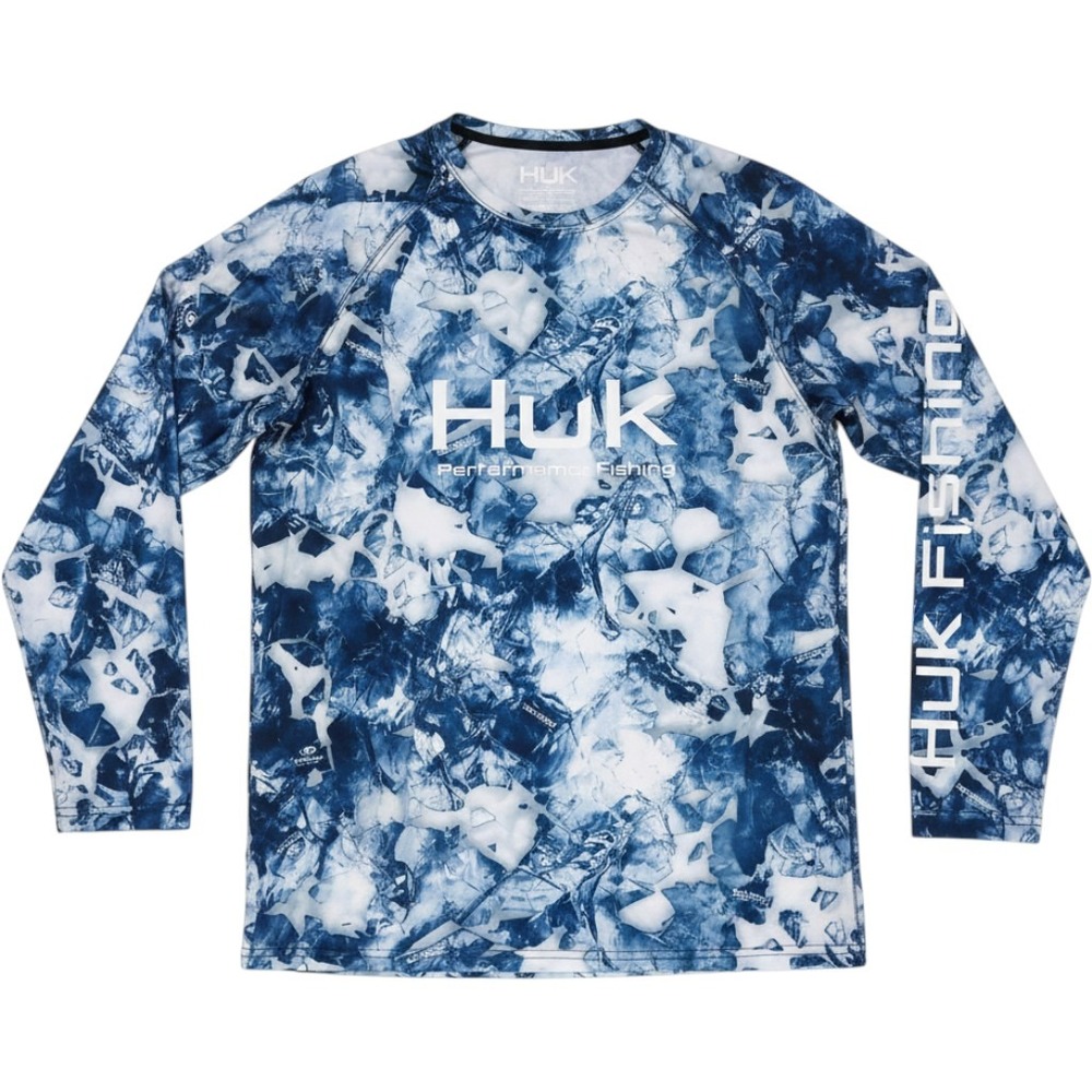 Huk Performance Fishing Shirt Mens Large Blue White Camo Long Sleeve Tee Logo